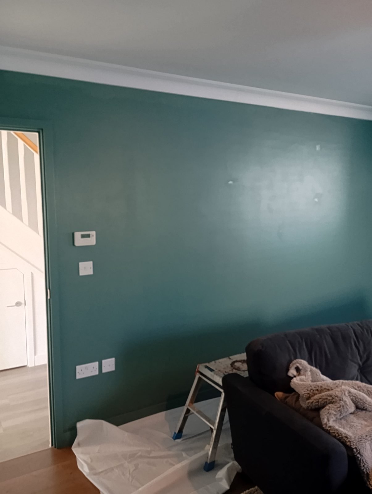 Living room wall being painted deep green