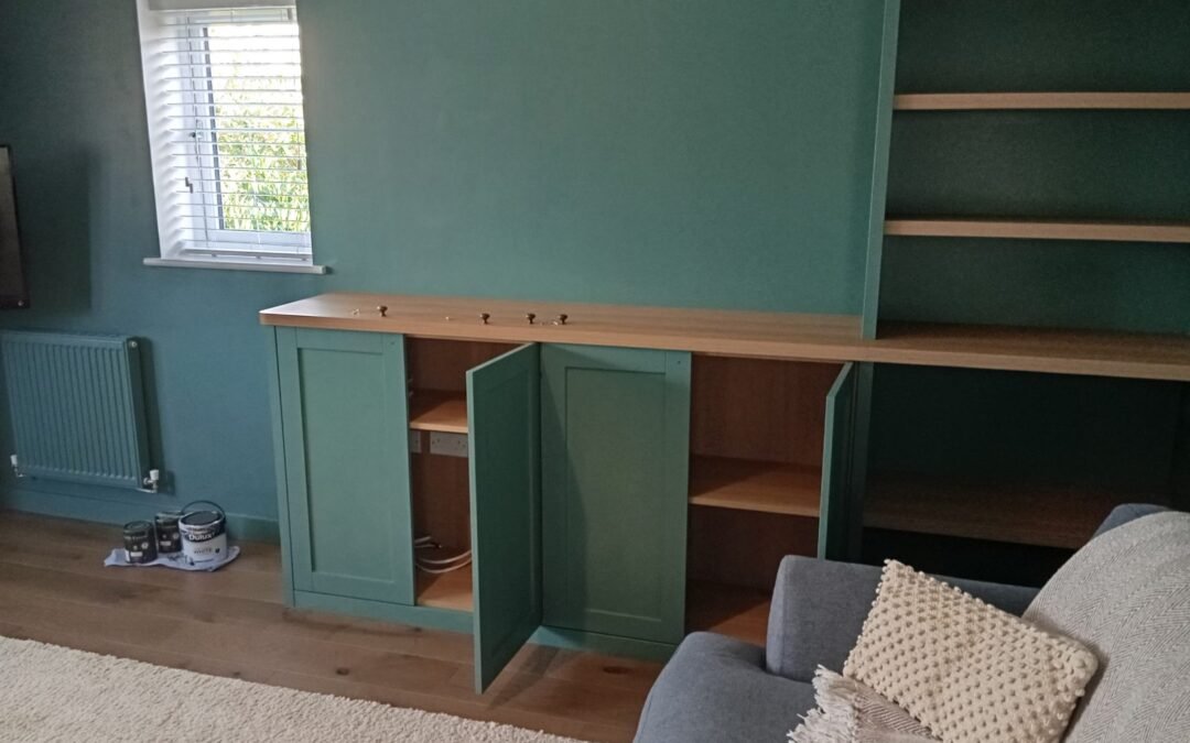 Living Room Decorating: Deep Green Walls and Painted Alcove Units